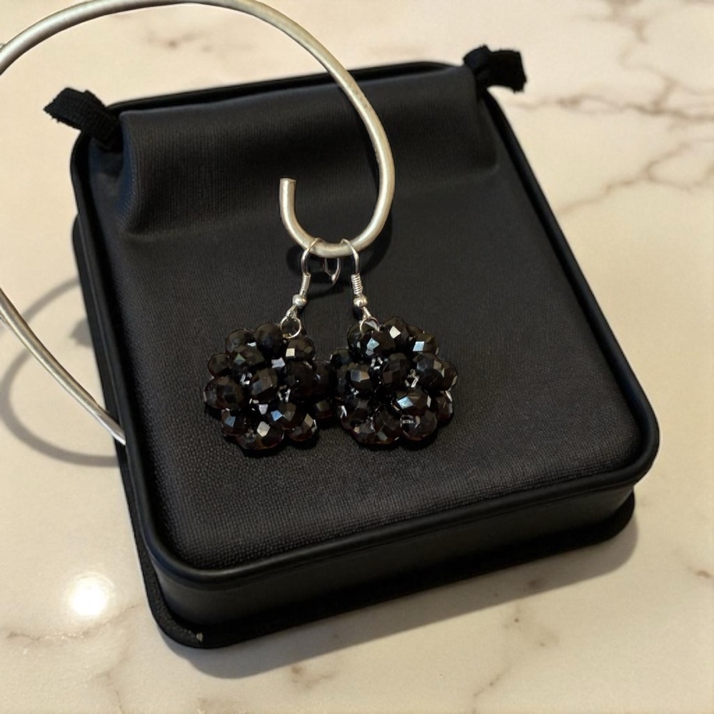 Vintage Black Beaded Ball Dangle Earrings Silver Hook Cluster Drop